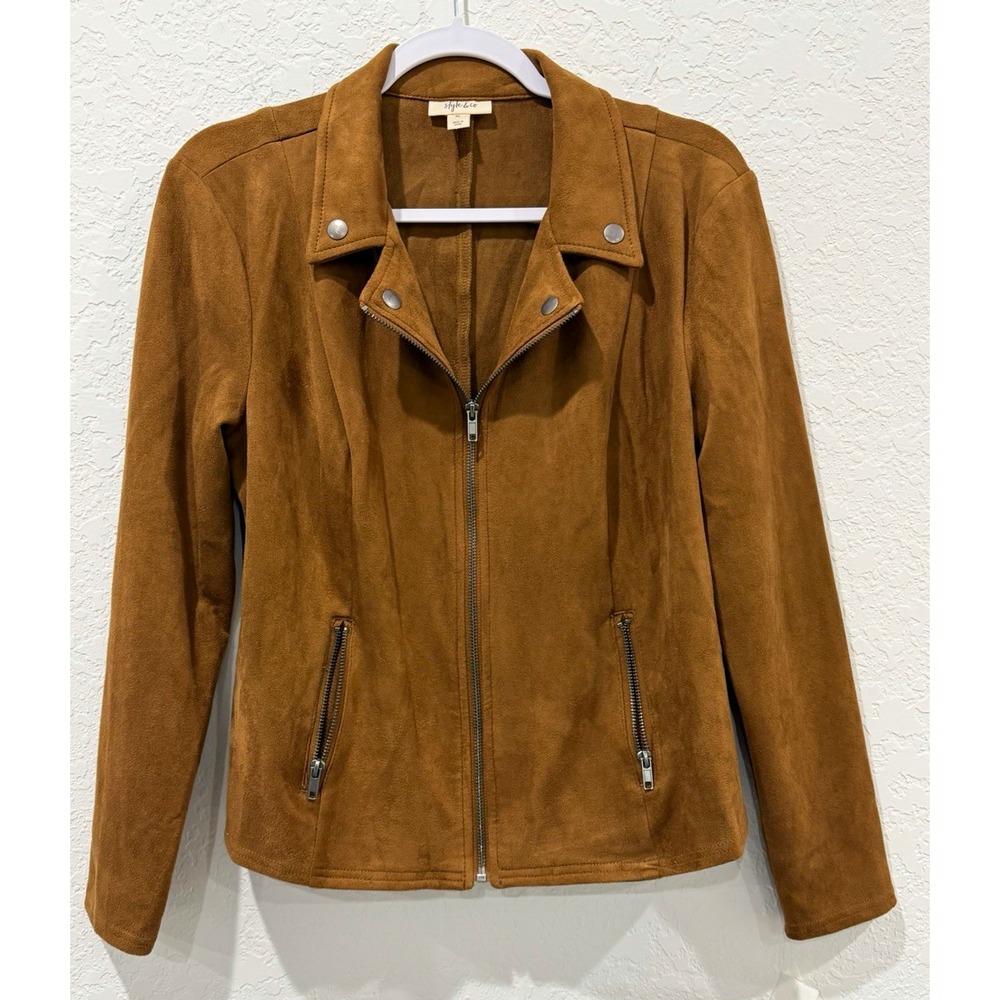 Style&co Women's Petites PL Brown Faux Suede Biker Jacket Full Zip Pockets